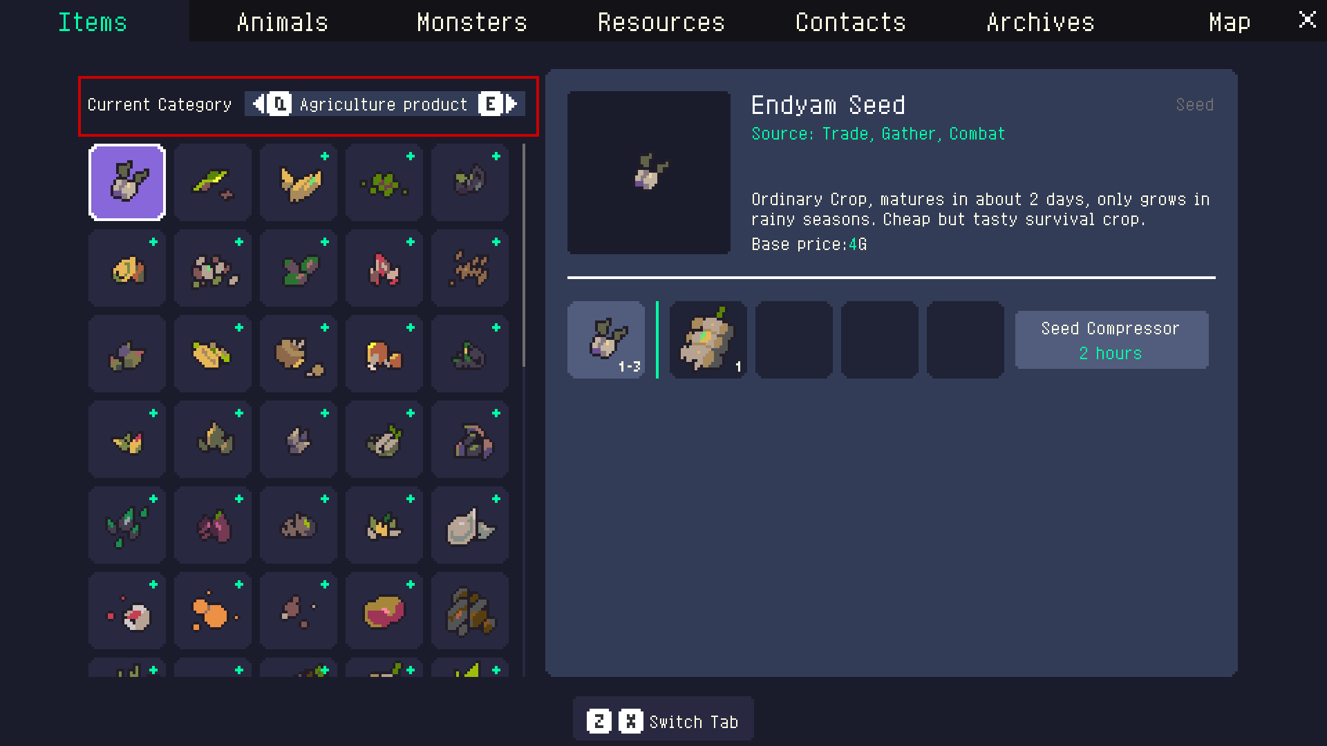 The Items tab in the Encyclopedia, showing the Current Category selector